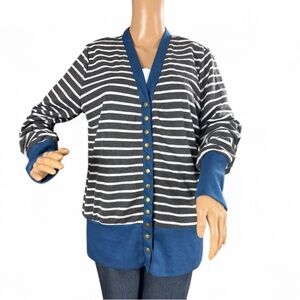 Striped Black, white and Blue Women's cardigan snap new size XL Hipster Row